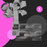 Ilustração abstrata combinando elementos de papelada, calculadora e correntes, simbolizando a emissão de notas comerciais, fluxo financeiro e tokenização de nota comercial na blockchain