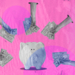 imagem com fundo rosa, elementos em azul e um porquinho no centro